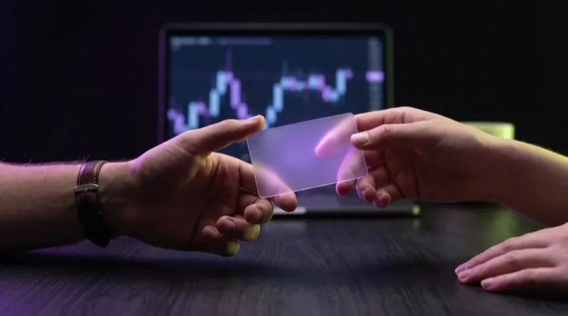 A frosted glass account card handed from one trader to another in front of a trading chart